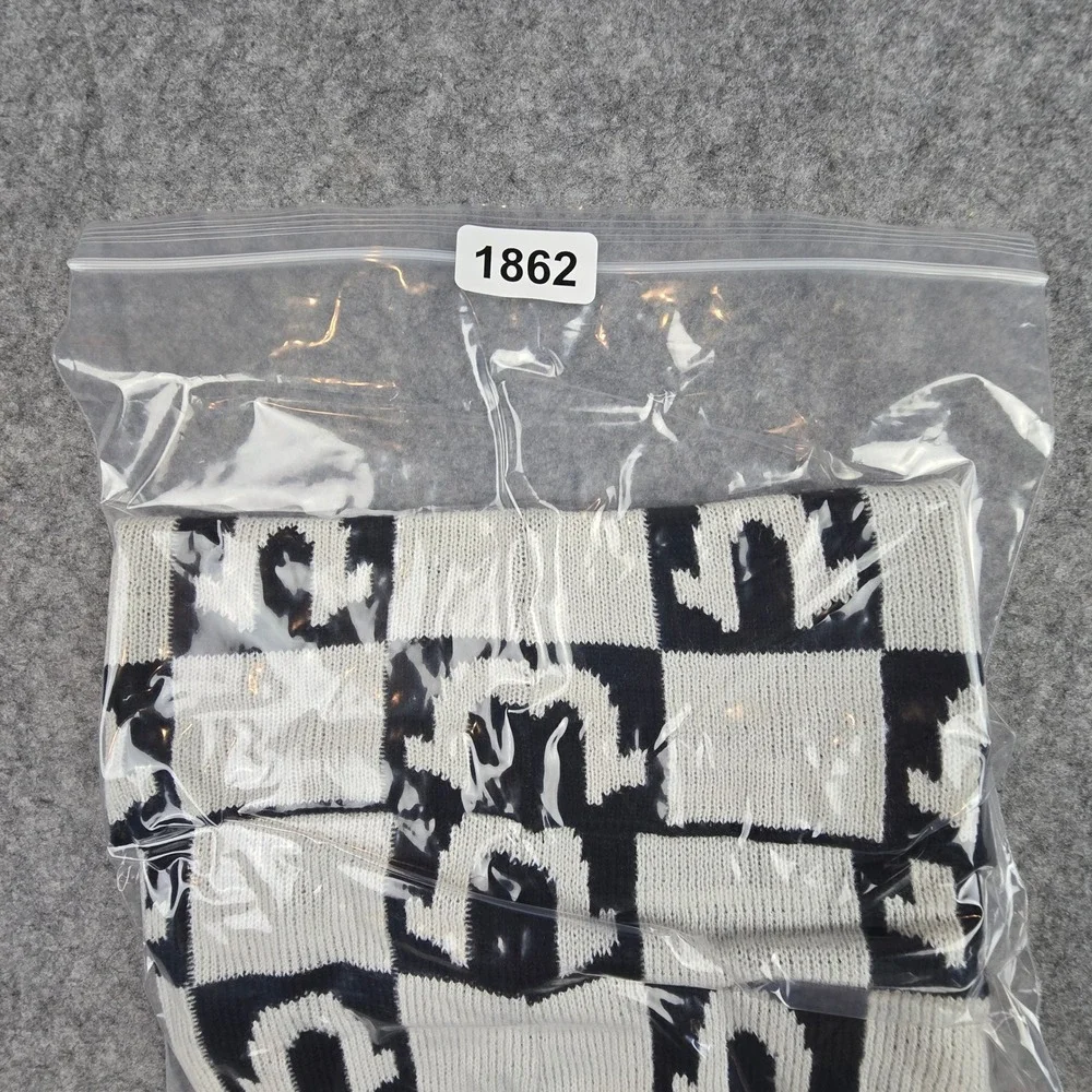 True Religion Beanie Unisex OS Black White Checkered Logo Faux Fur Lined Hat